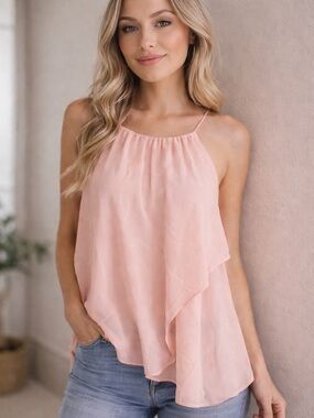 Doe & Rae Blush Pink Chiffon Tank Top Flowy Layered Sleeveless Blouse NWT Small